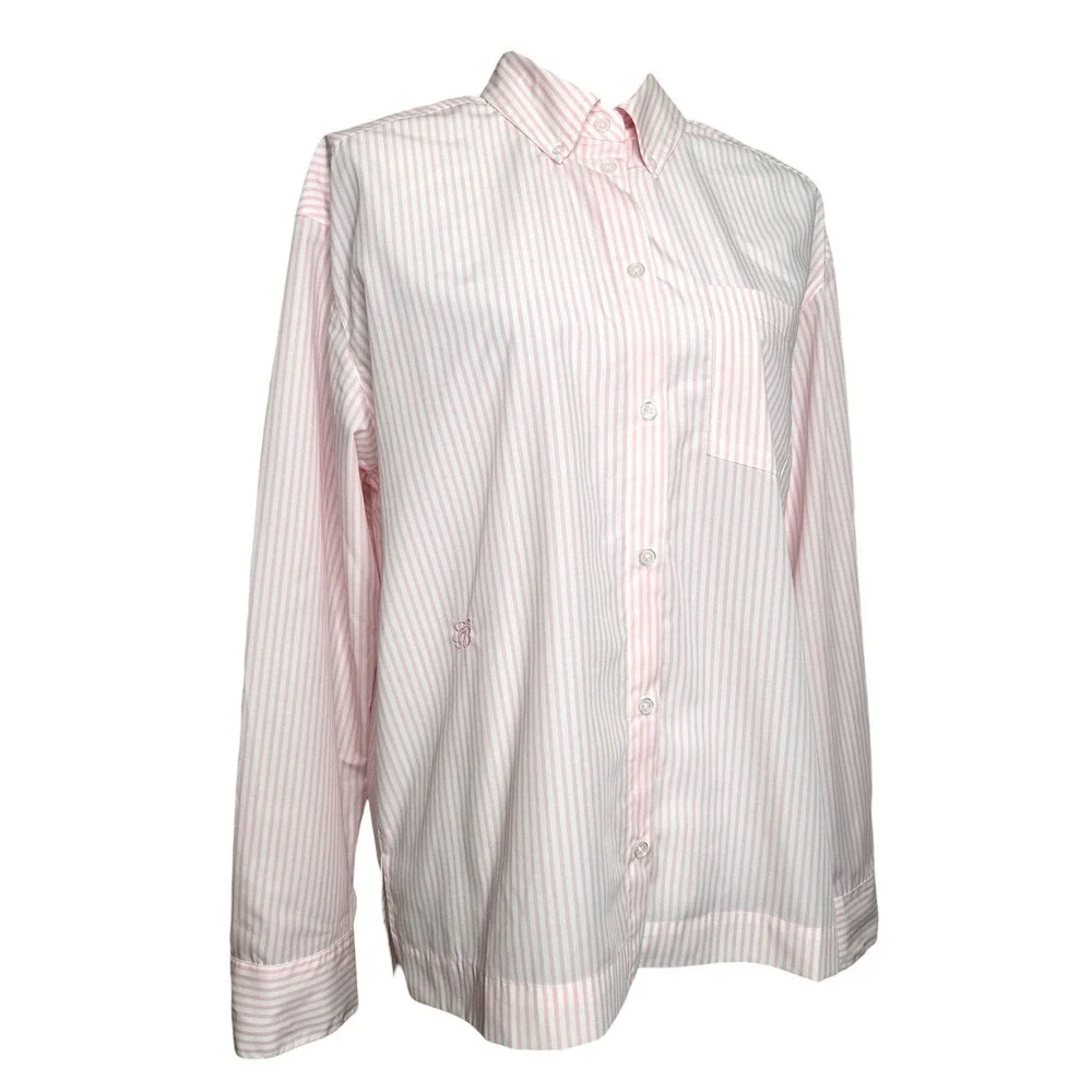 Free People x Frankies Bikinis Pink Stripe Pajama TopS Poplin Sleep Shirt S NWT